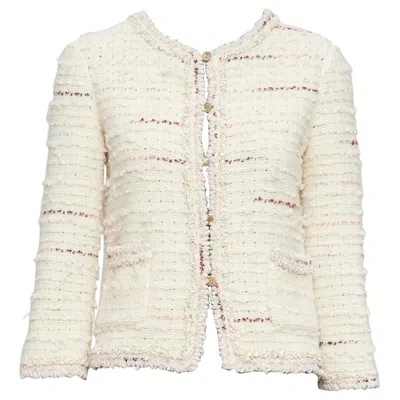 Pre-owned Chanel 05a Cream Pink Wool Boucle Tweed Gold Cc Buttons Cardigan Fr38 M In White