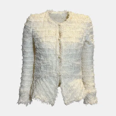 Pre-owned Chanel 05p Cream Tweed And Silk Sequin Jacket Fr 36 In White