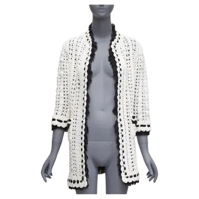 Pre-owned Chanel 05p Runway Cream Crochet Knit Black Silk Trim Cardigan Coat Fr38 M In White