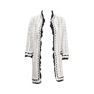 Pre-owned Chanel 05p Runway Cream Crochet Knit Black Silk Trim Cardigan Coat Fr38 M In White