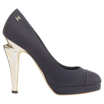 Pre-owned Chanel 08a Black Satin Cap Toe Sculpted Metal Bolt Heel Platform Pumps Eu37.5