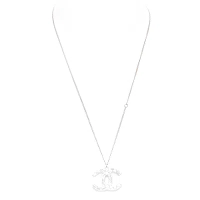 Pre-owned Chanel 09a Silver Toned Green Resin Reversible Crystal Pave Cc Pendent Necklace
