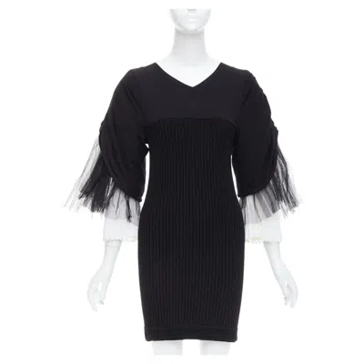 Pre-owned Chanel 09p Runway Vintage Black Cream Cotton Puff Tulle Sleeve Dress Fr38 M In White