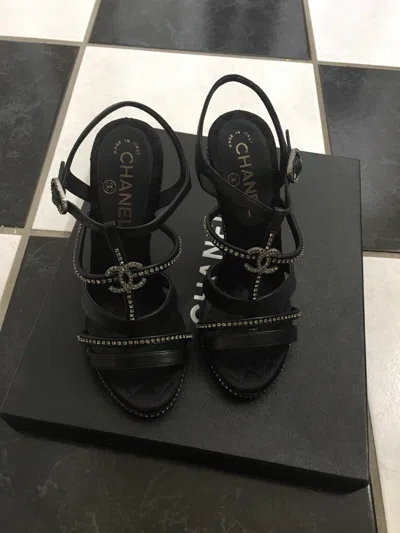Pre-owned Chanel 100% Auth  14c G29635 Strass Cc Clear Heel Sandals $1425 In Black