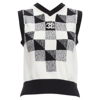 Pre-owned Chanel 100% Cashmere Black White Graphic Check Cc Logo Sweater Vest Fr36 S