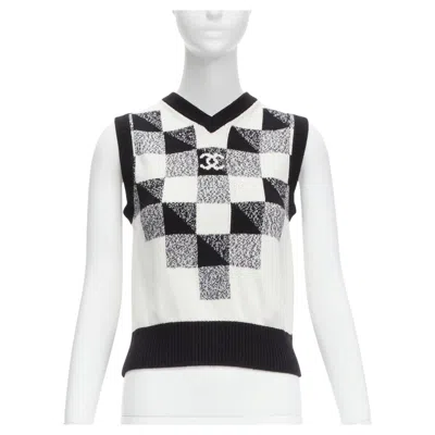 Pre-owned Chanel 100% Cashmere Black White Graphic Check Cc Logo Sweater Vest Fr36 S