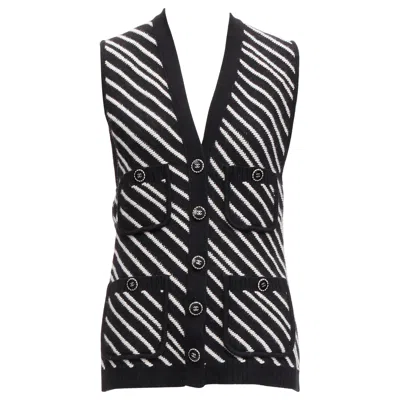 Pre-owned Chanel 100% Cashmere Black White Graphic Stripes 4 Pocket Vest Jacket Fr34 Xs
