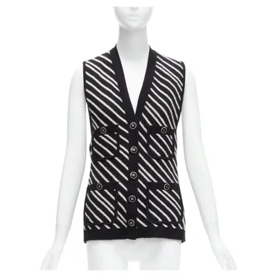Pre-owned Chanel 100% Cashmere Black White Graphic Stripes 4 Pocket Vest Jacket Fr34 Xs