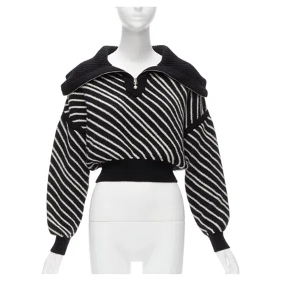 Pre-owned Chanel 100% Cashmere Black White Stripe Cc Crystal Logo Cropped Sweater Fr34 Xs