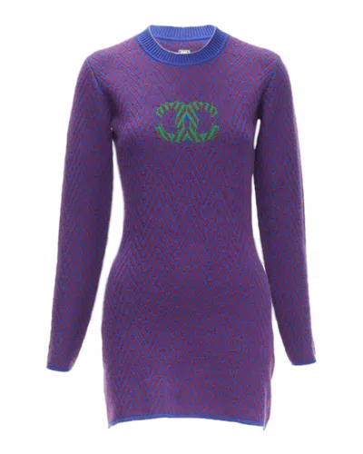 Pre-owned Chanel 100% Cashmere Blue Red Chevron Green Cc Logo Crystal Brooch Dress In Purple