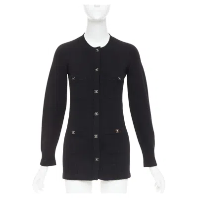 Pre-owned Chanel 100% Cashmere Silver-tone Cc Turnlock 4 Pocket Long Cardigan Fr34 Xs In Black