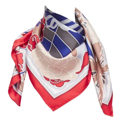 Pre-owned Chanel 100% Silk Red Blue Lion Statue Palm Trees Big Square Scarf