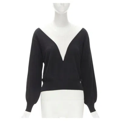 Pre-owned Chanel 100% Wool Black White Cable Knit Varsity Collar Cc Charm Sweater Fr38 M