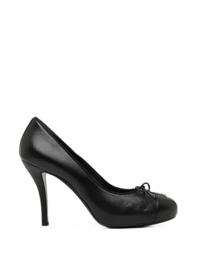 Pre-owned Chanel 100mm Bow-detail Cap-toe Pumps In Black
