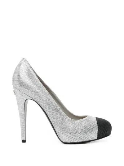 Pre-owned Chanel 100mm Suede Cap-toe Pumps In Silver