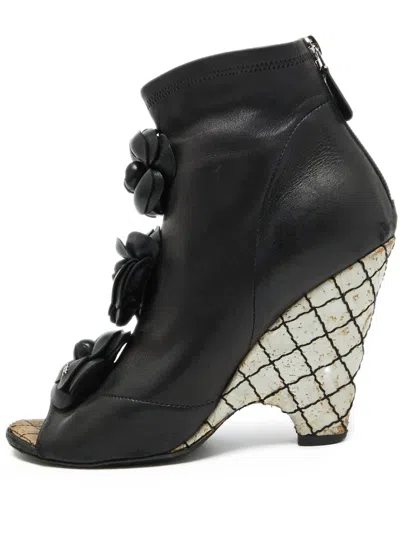 Pre-owned Chanel 105mm Camellia Peep-toe Wedge Boots