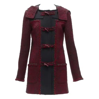 Pre-owned Chanel 11a Runway Red Black Wool Tweed Cc Logo Toggle Button Duffel Coat Fr36 S
