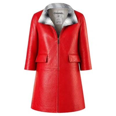Pre-owned Chanel 11k$ New Crimson Leather Visionary Coat 38 Fr In Red