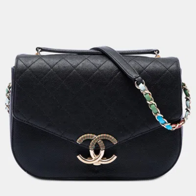 Pre-owned Chanel Paris Cuba Thread Around Medium Black Quilted Caviar Leather Flap Bag