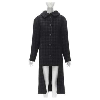 Pre-owned Chanel 13k Black Lurex Check Tweed Globe Cc Button High Low Coat Fr36 Xs