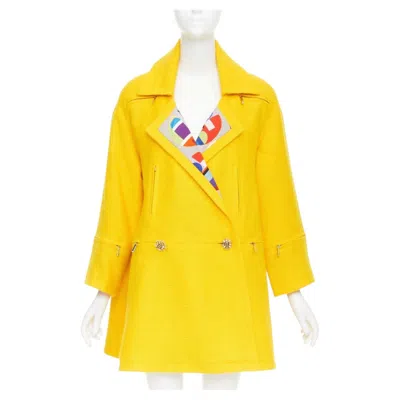 Pre-owned Chanel 14a Supermarket Runway Wool Tweed Printed Lining Swing Pea Coat Fr36 S In Yellow
