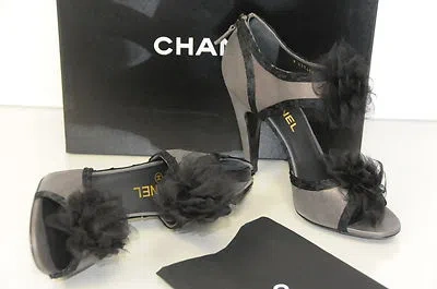 Pre-owned Chanel $1595  Classic Taupe Leather Black Camellia Peep Heels Shoes 39 In Taupe / Black