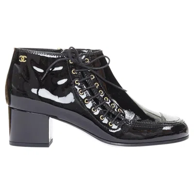 Pre-owned Chanel 15a Paris-salzburg Runway Black Patent Gold Cc Lace-up Ankle Booties Eu39