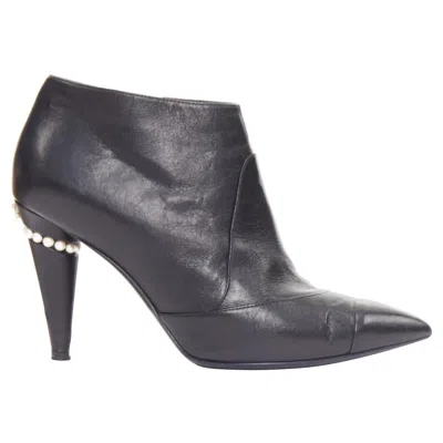 Pre-owned Chanel 15c Black Calfskin Faux Pearl High Cone Heeled Ankle Boots Eu38