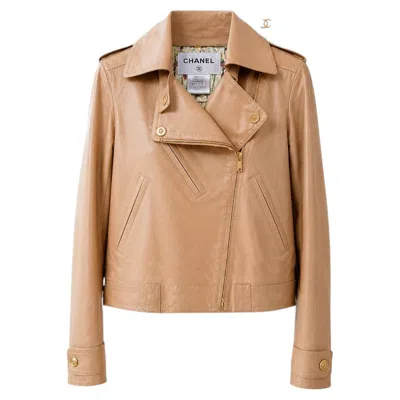 Pre-owned Chanel 15k$ Paris / Dubai Beige Leather Biker Jacket 34 Fr In Brown