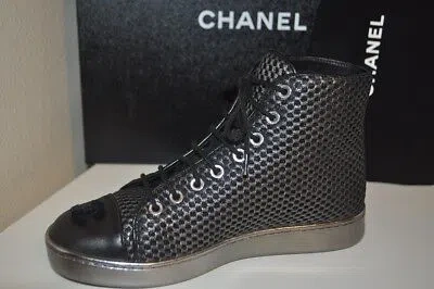 Pre-owned Chanel 16b Black Silver Mesh Leather Cc Lace Up High Top Trainer Sneaker Shoe 35