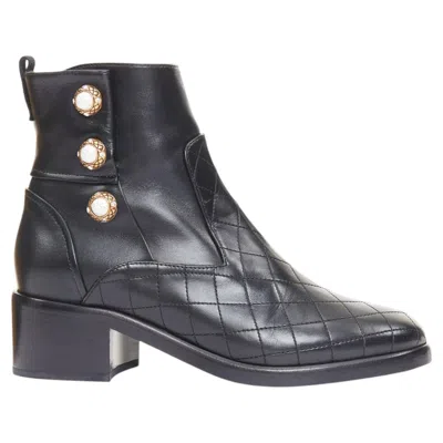 Pre-owned Chanel 17a Paris Cosmopolite Black Lamb Quilted Pearl Button Ankle Boots Eu39.5