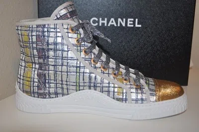 Pre-owned Chanel 17c Globe Trotter High Top Sneakers Shoe Tweed Fabric Eur 36 Us 5.5 In Multicolor