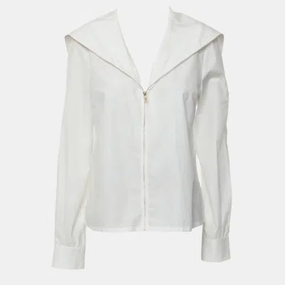 Pre-owned Chanel 18a Rhinestone Buttons Sailor-collar Zip-up Cotton Shirt Jacket In White