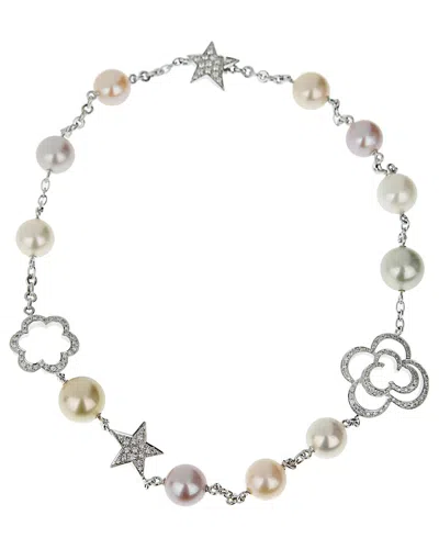 Pre-owned Chanel 18k 2.50 Ct. Tw. Diamond & Pearl Camellia & Comete Motif Necklace  (authentic )