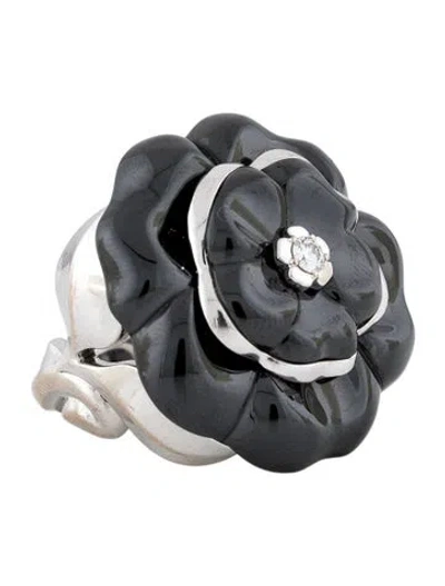 Pre-owned Chanel 18k Ceramic & Diamond Camelia Ring In Multi