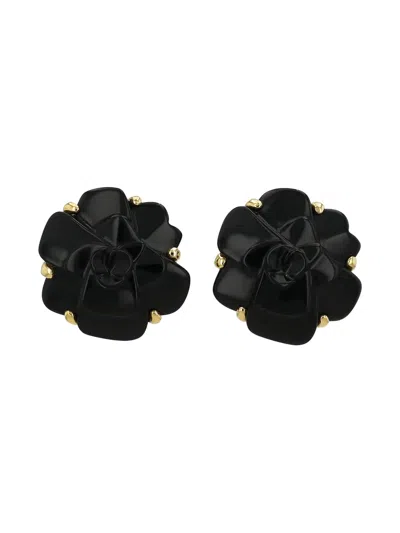 Pre-owned Chanel 18kt Yellow Gold Camellia Onyx Clip-on Earrings