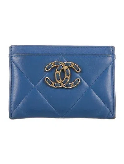 Pre-owned Chanel 19 Card Holder Interlocking Cc Logo Card Holder In Blue