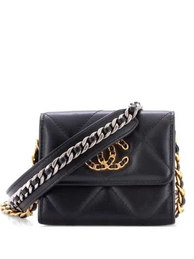 Pre-owned Chanel 19 Card Holder On Chain Quilted Leather Clutch Bag In Black