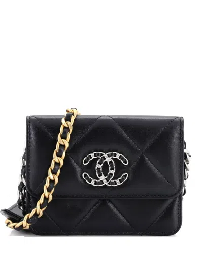 Pre-owned Chanel 19 Card Holder On Chain Quilted Leather Clutch Bag In Black