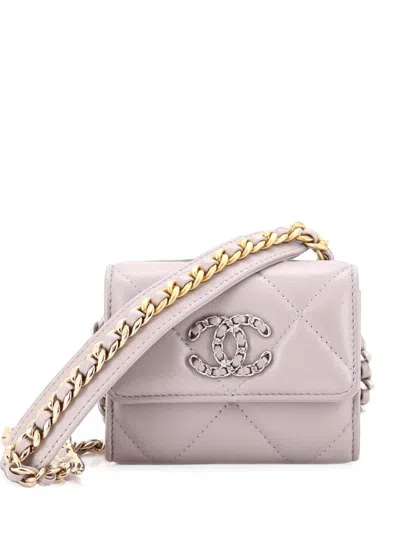 Pre-owned Chanel 19 Card Holder On Chain Quilted Leather Clutch Bag In Grey