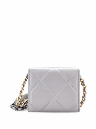 Pre-owned Chanel 19 Card Holder On Chain Quilted Leather Clutch Bag In Grey