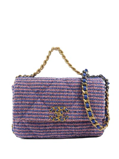 Pre-owned Chanel 19 Cc Turn-lock Tweed Tote Bag In Blue