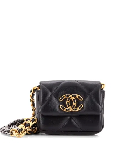 Pre-owned Chanel 19 Convertible Flap Coin Purse With Chain Quilted Lambskin Belt Bag In Black