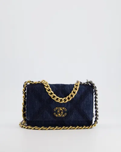 Pre-owned Chanel 19 Dark Denim Wallet On Chain Bag With Mixed Hardware In Blue