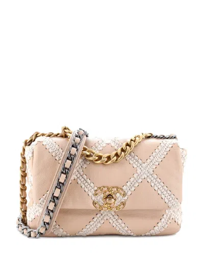 Pre-owned Chanel 19 Flap Bag Crochet Quilted Calfskin Medium Crossbody Bag In Neutral