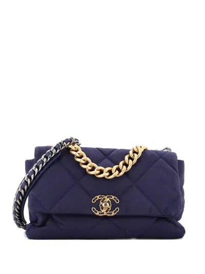 Pre-owned Chanel 19 Flap Bag Quilted Canvas Large Shoulder Bag In Blue