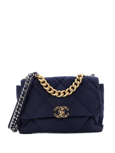 Pre-owned Chanel 19 Flap Bag Quilted Canvas Large Shoulder Bag In Blue