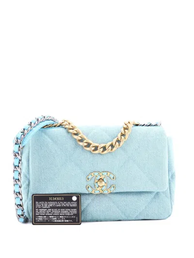 Pre-owned Chanel 19 Flap Bag Quilted Canvas Medium Shoulder Bag In Blue