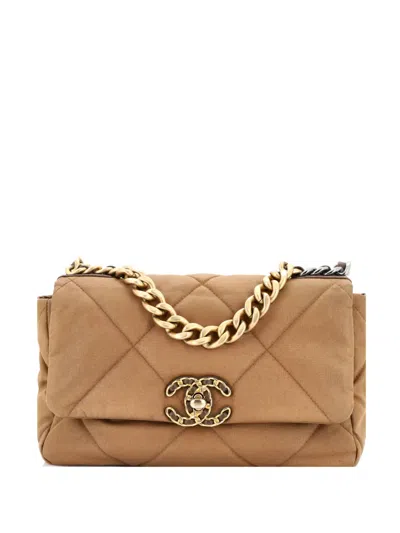 Pre-owned Chanel 19 Flap Bag Quilted Canvas Medium Shoulder Bag In Brown
