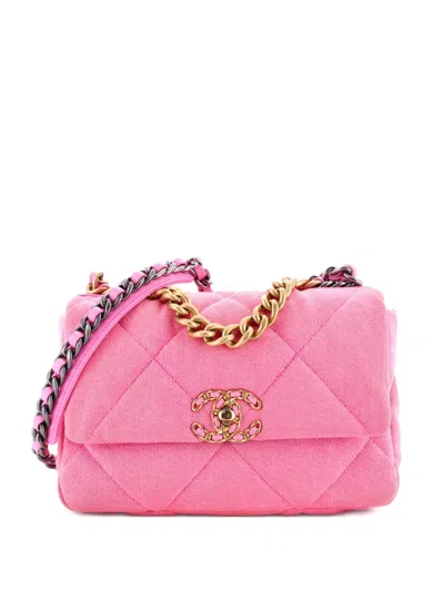 Pre-owned Chanel 19 Flap Bag Quilted Denim Medium Shoulder Bag In Pink